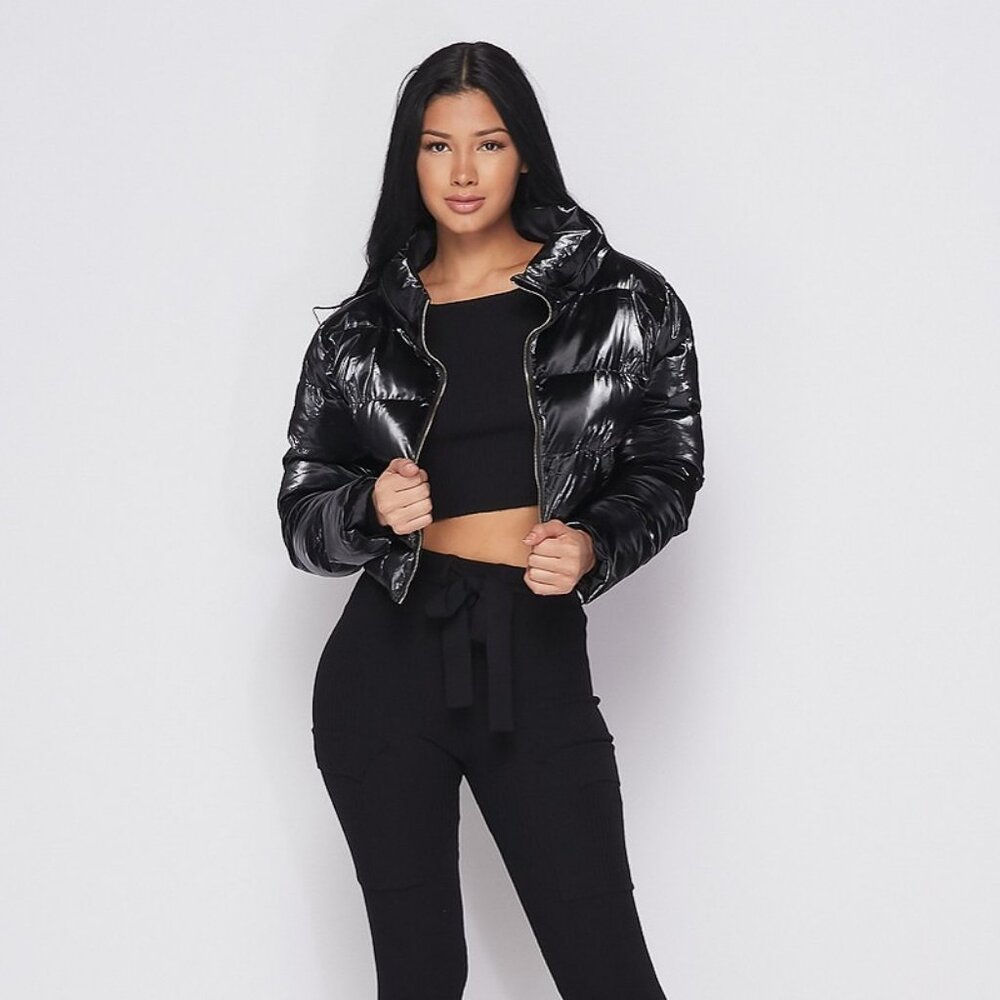 Shiny Bubble Crop Jacket Black Shine Puffer Fashion Coat sz Large